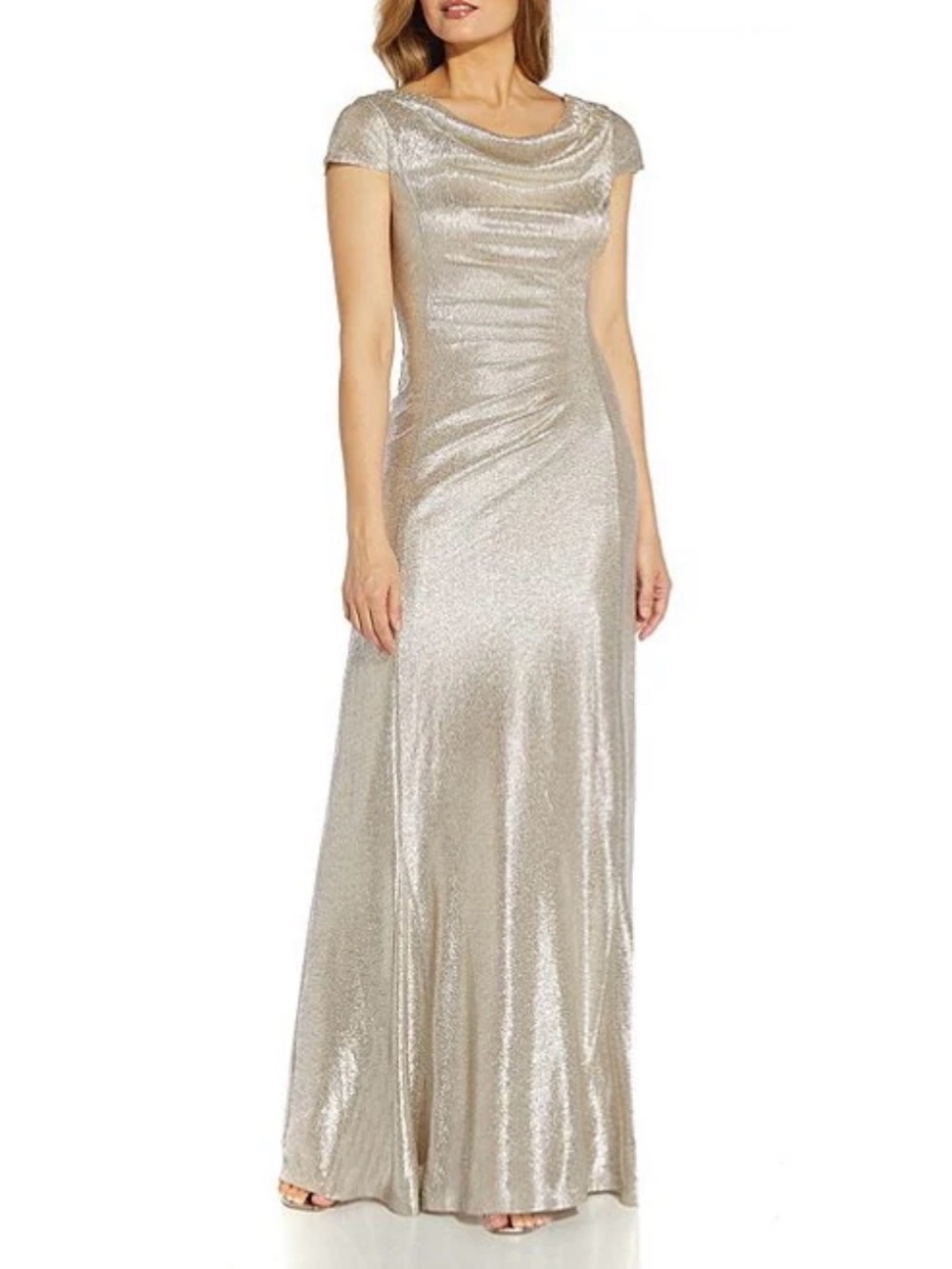 Formal Silver Metallic Cowl-Neck draped back A-lined Maxi cocktail Gown